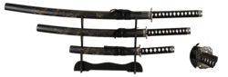 3 katanaer med drage-tsuba