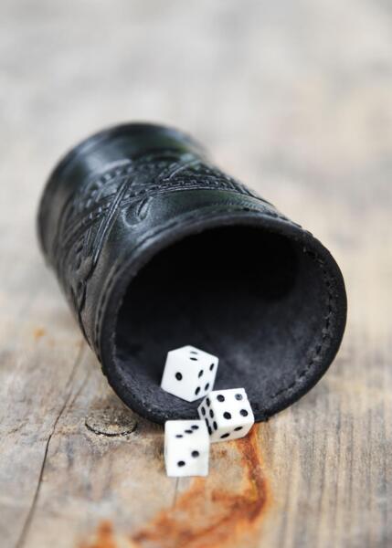 Terningebæger i læder med dragemotiv