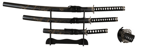 3 katanaer med drage-tsuba